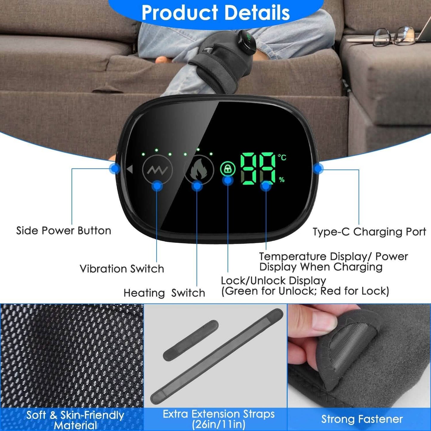 Control panel details: heating and vibration switches with temperature display on gray wrap