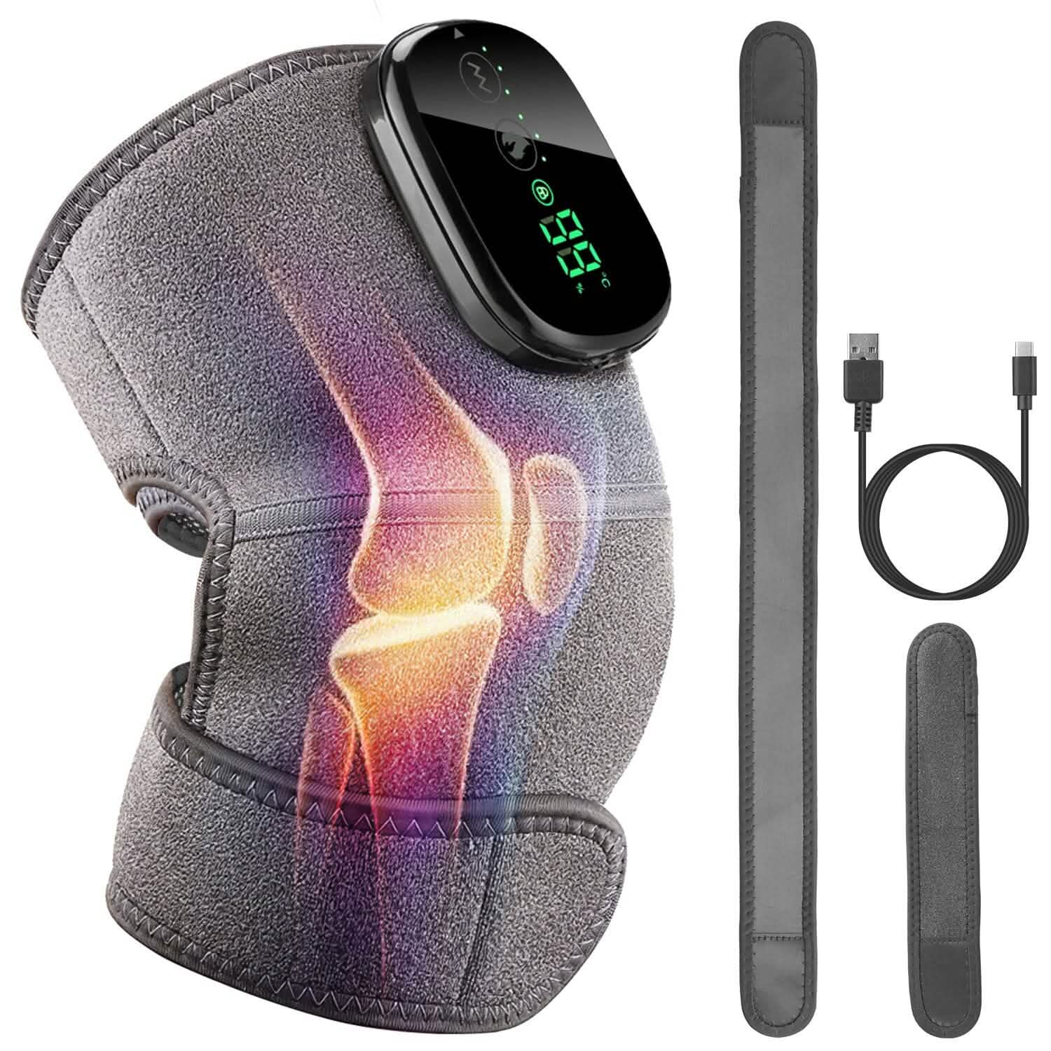 Heated knee and elbow massager wrap with controller and visible heat/vibration target area