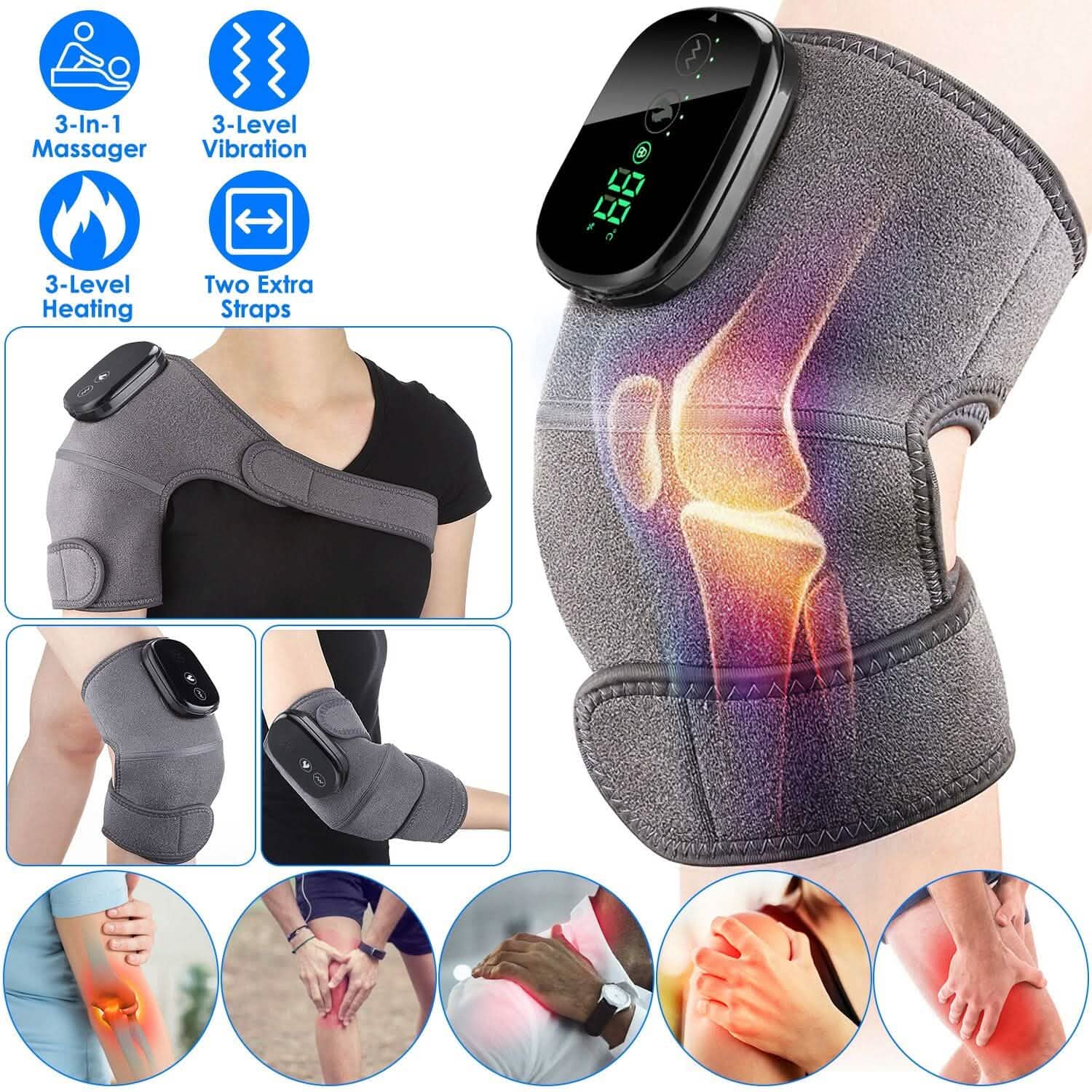 3-in-1 heated vibration massager wrap set with two extra straps and controller attachment