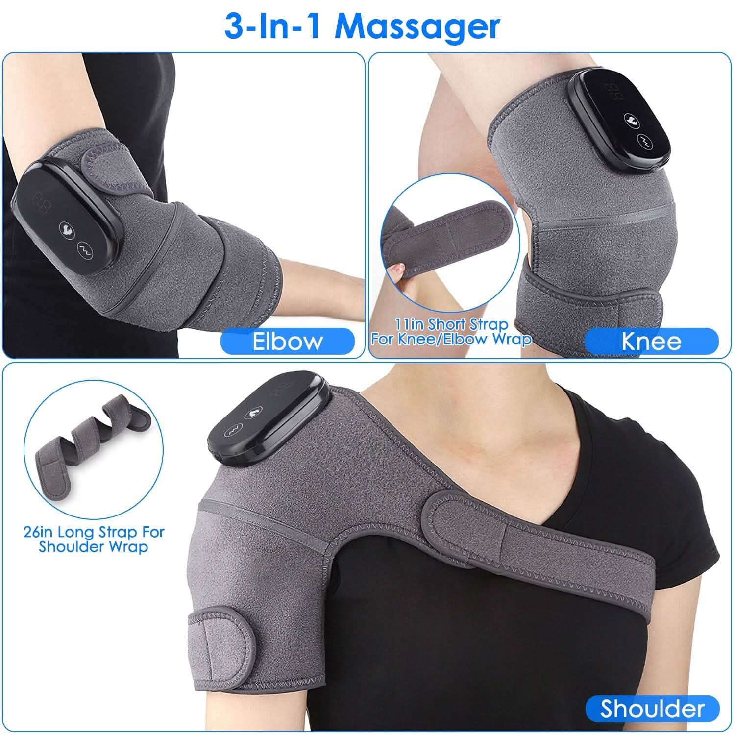 Heated massager wrap shown on arm and shoulder with short and long strap lengths