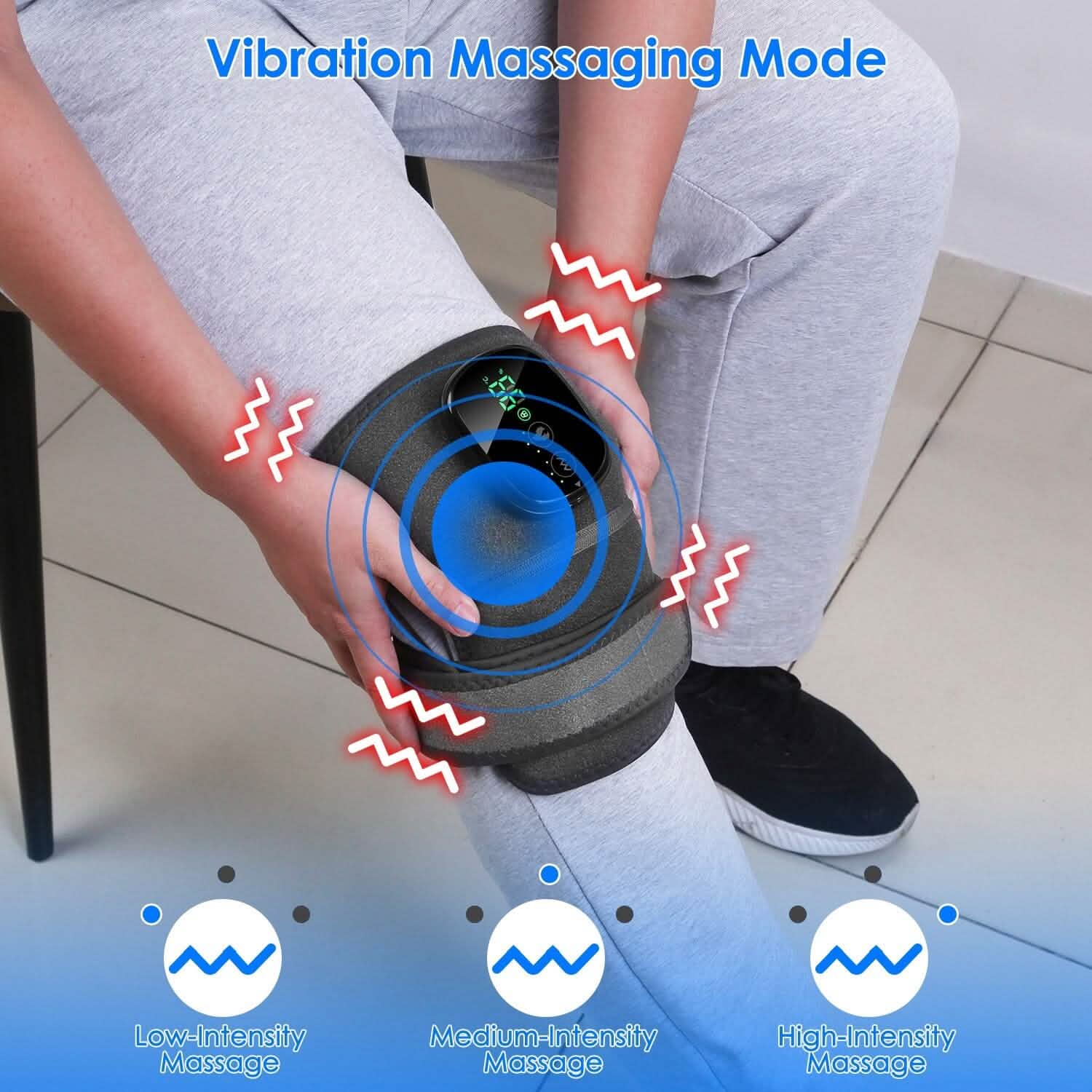Heated vibration pad on leg/arm with circular control unit and blue intensity rings (3 modes)