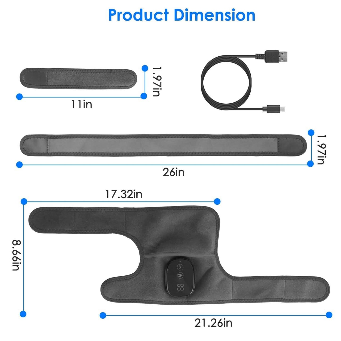 Heated pad with central controller, two side straps, plus charger and cable measurements