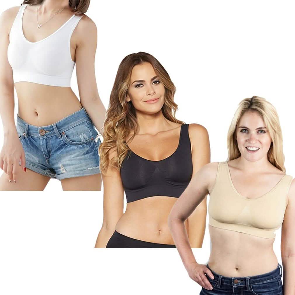 3-pack of seamless bras in black, beige, and white worn by models