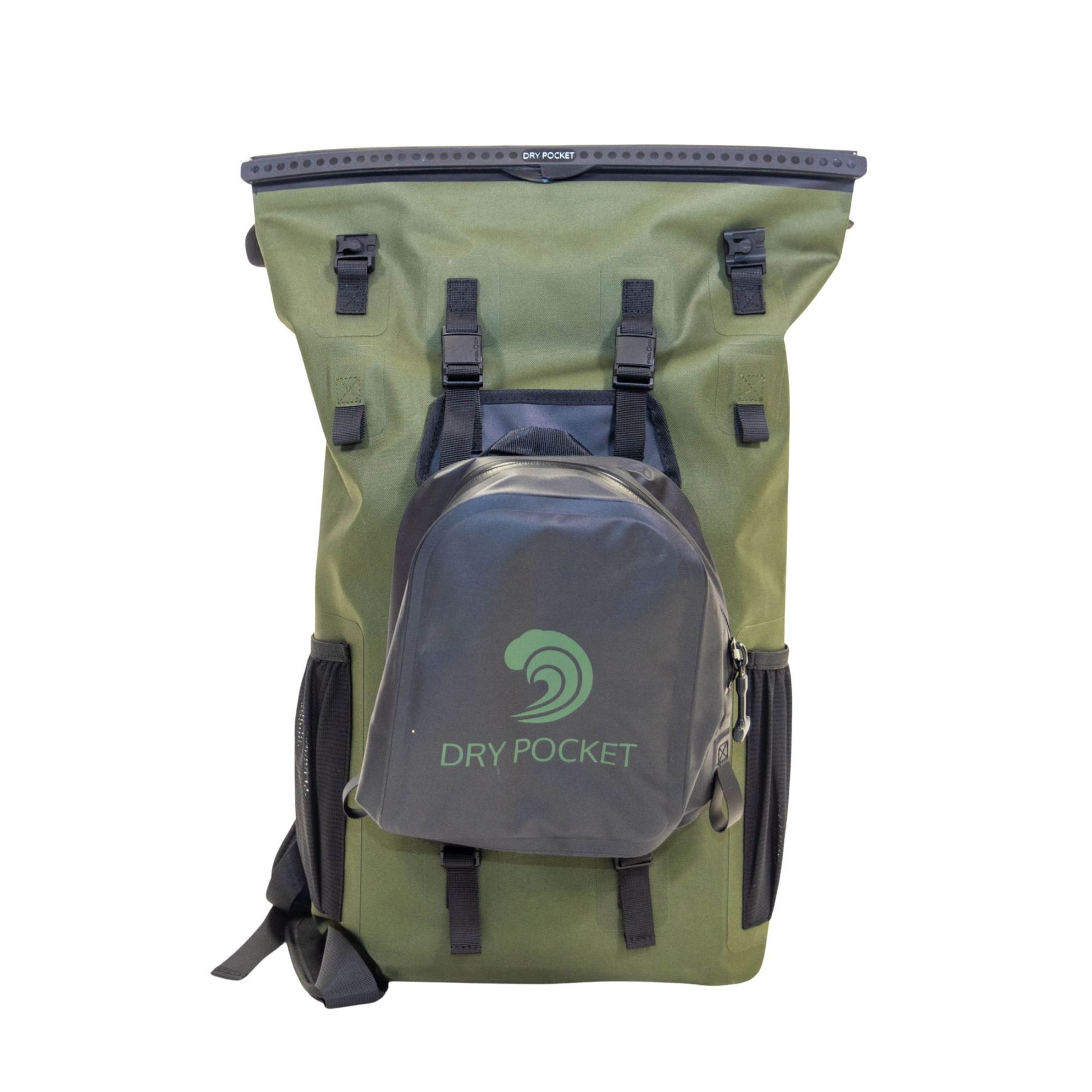 Olive waterproof floating dry bag backpack with mounted front dry pocket