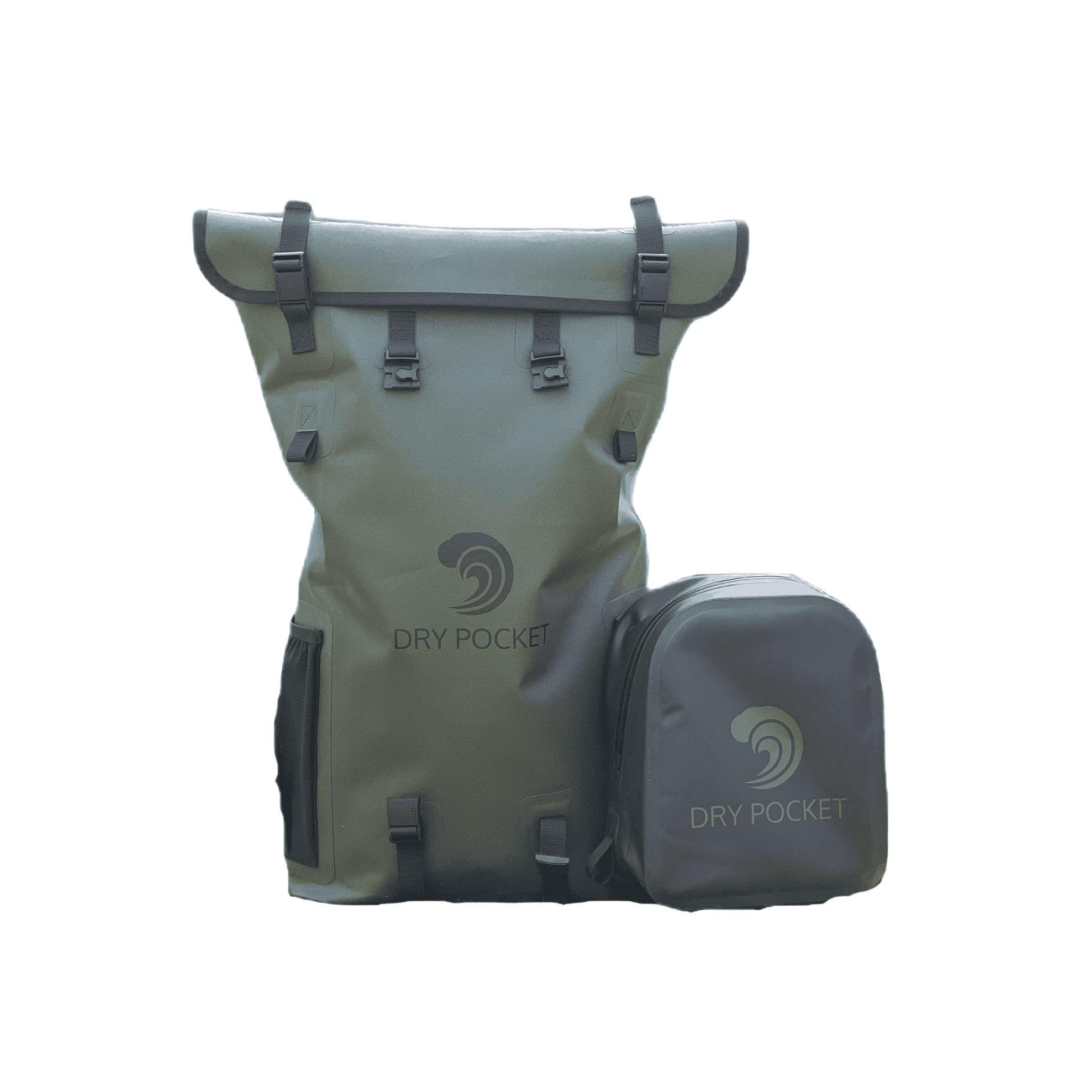 Olive waterproof floating dry bag backpack with front dry pocket, side view