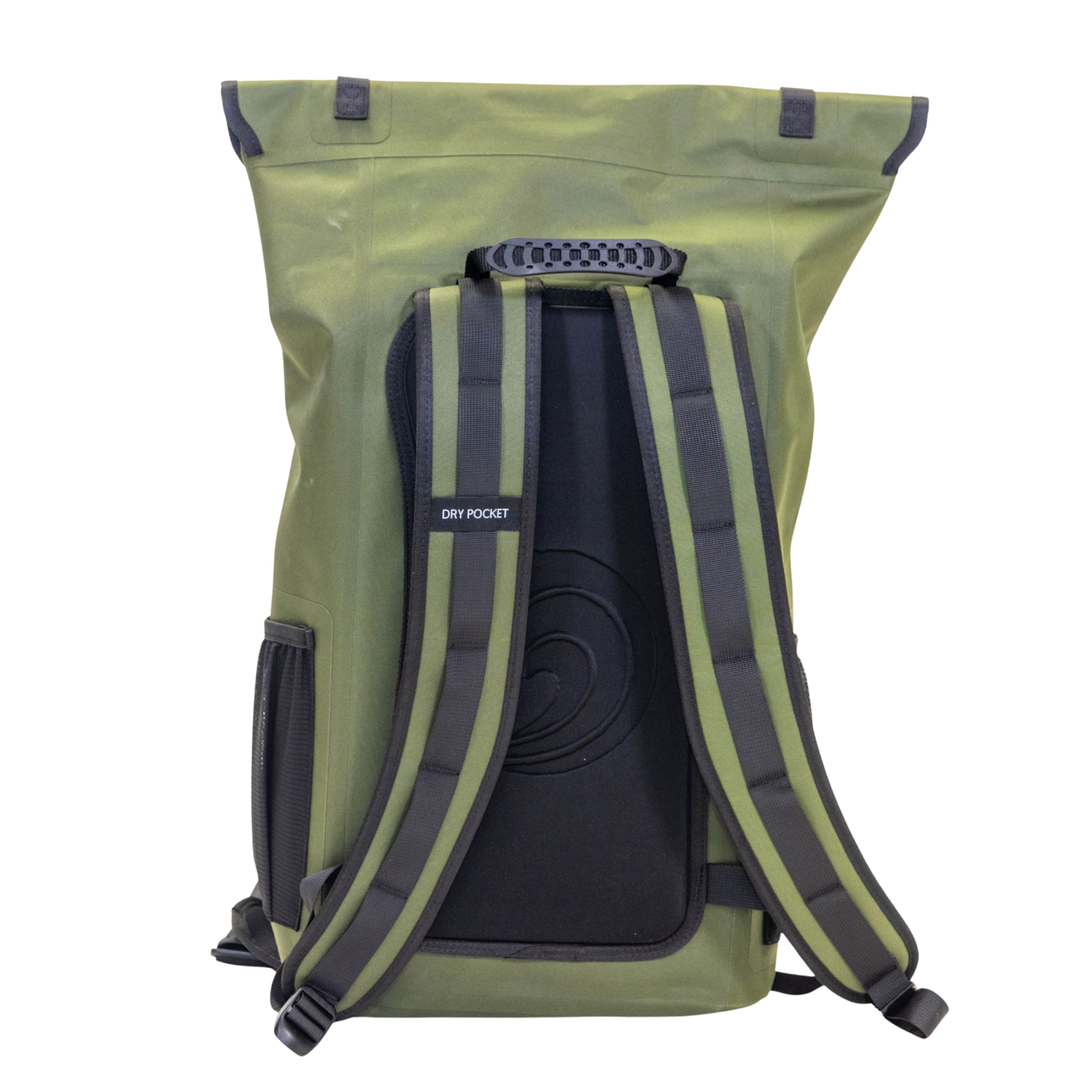 Olive waterproof floating dry bag backpack with back panel and shoulder straps