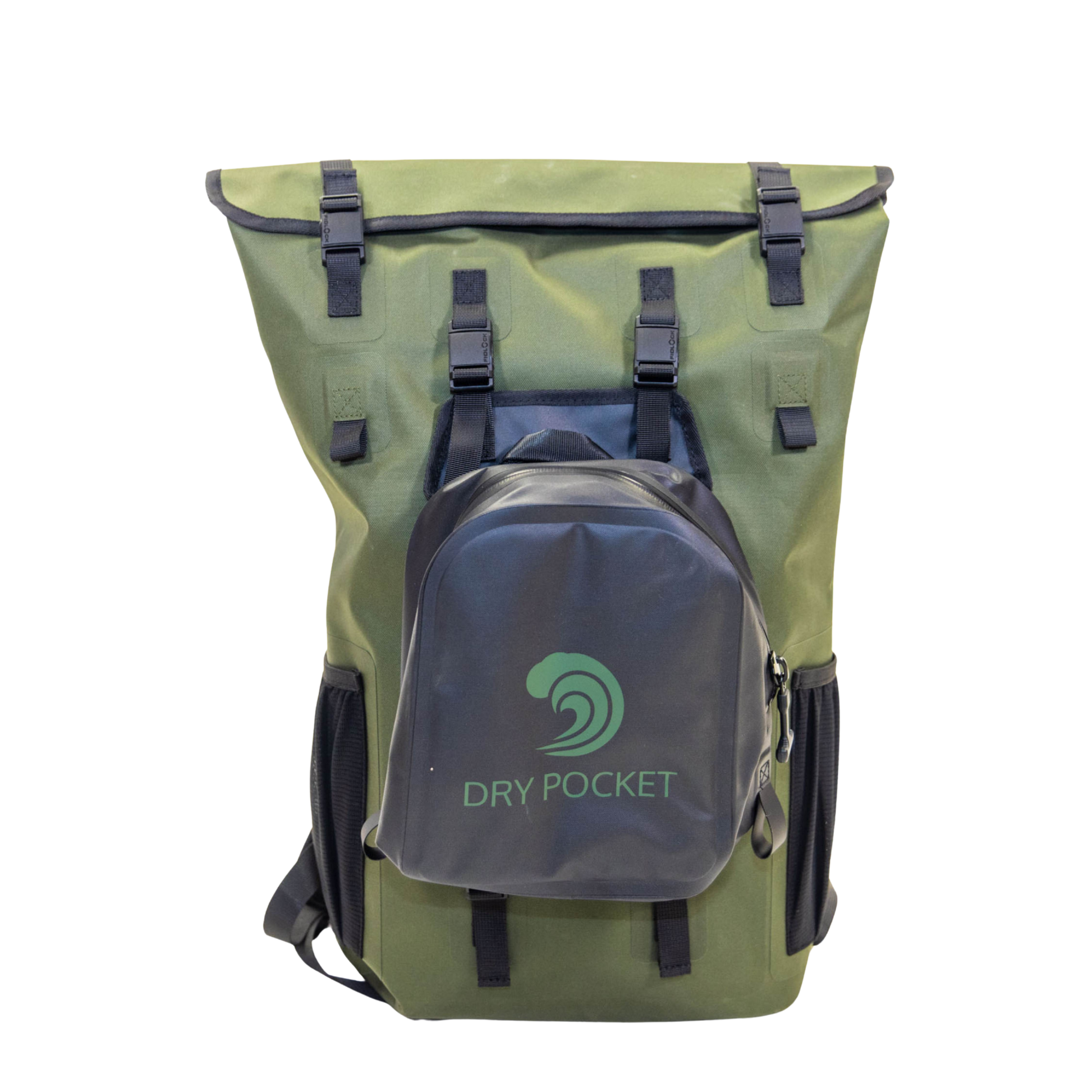 Olive waterproof floating dry bag backpack with front dry pocket and gray straps