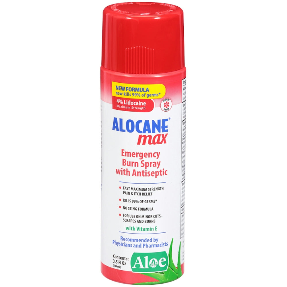 Alocane Max emergency burn spray bottle, red cap, antiseptic label, 3.5 fl oz