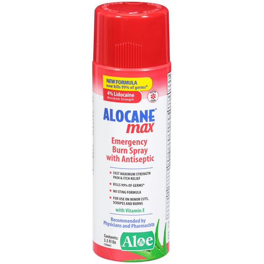 Alocane Max emergency burn spray bottle, red cap, antiseptic label, 3.5 fl oz