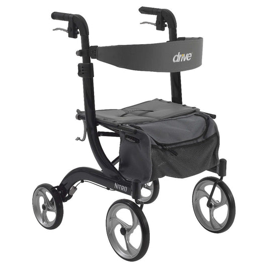 Black drive Nitro rollator walker with four wheels, padded seat, storage bag