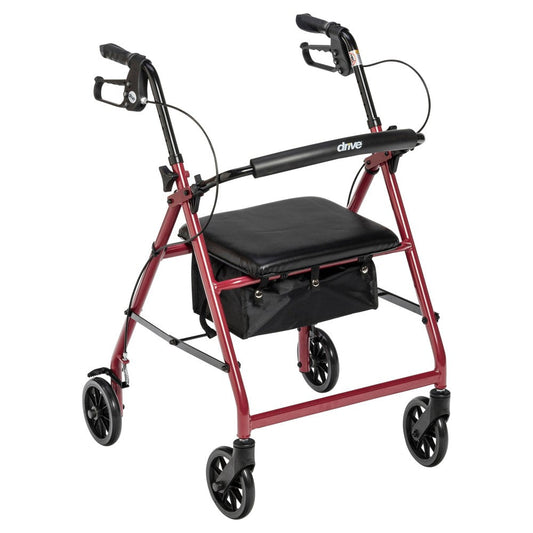 Red rollator walker with padded seat, removable back support, and 6-in wheels