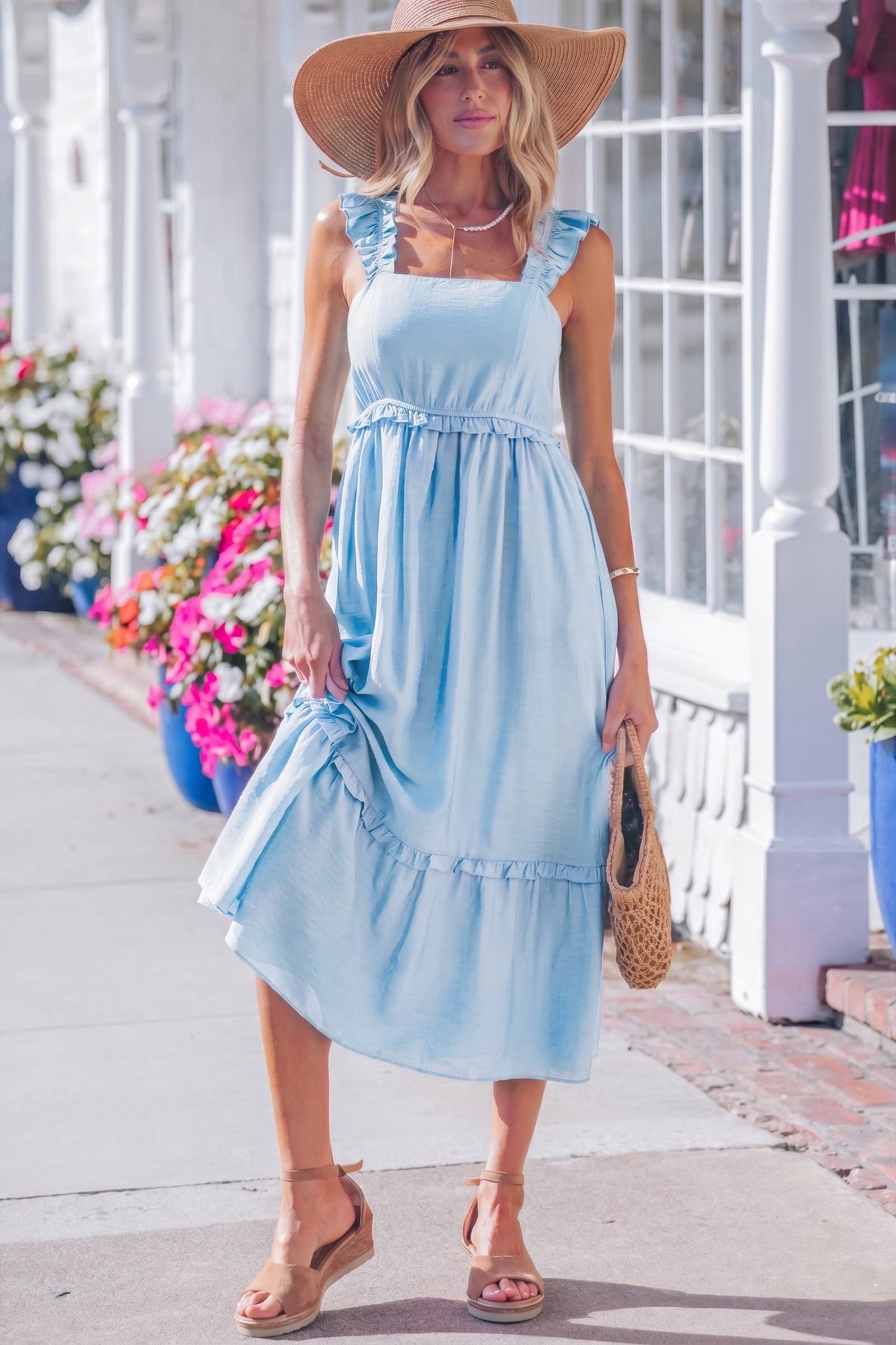 Beau Blue sleeveless tiered maxi dress with smocked bodice and tiered hem