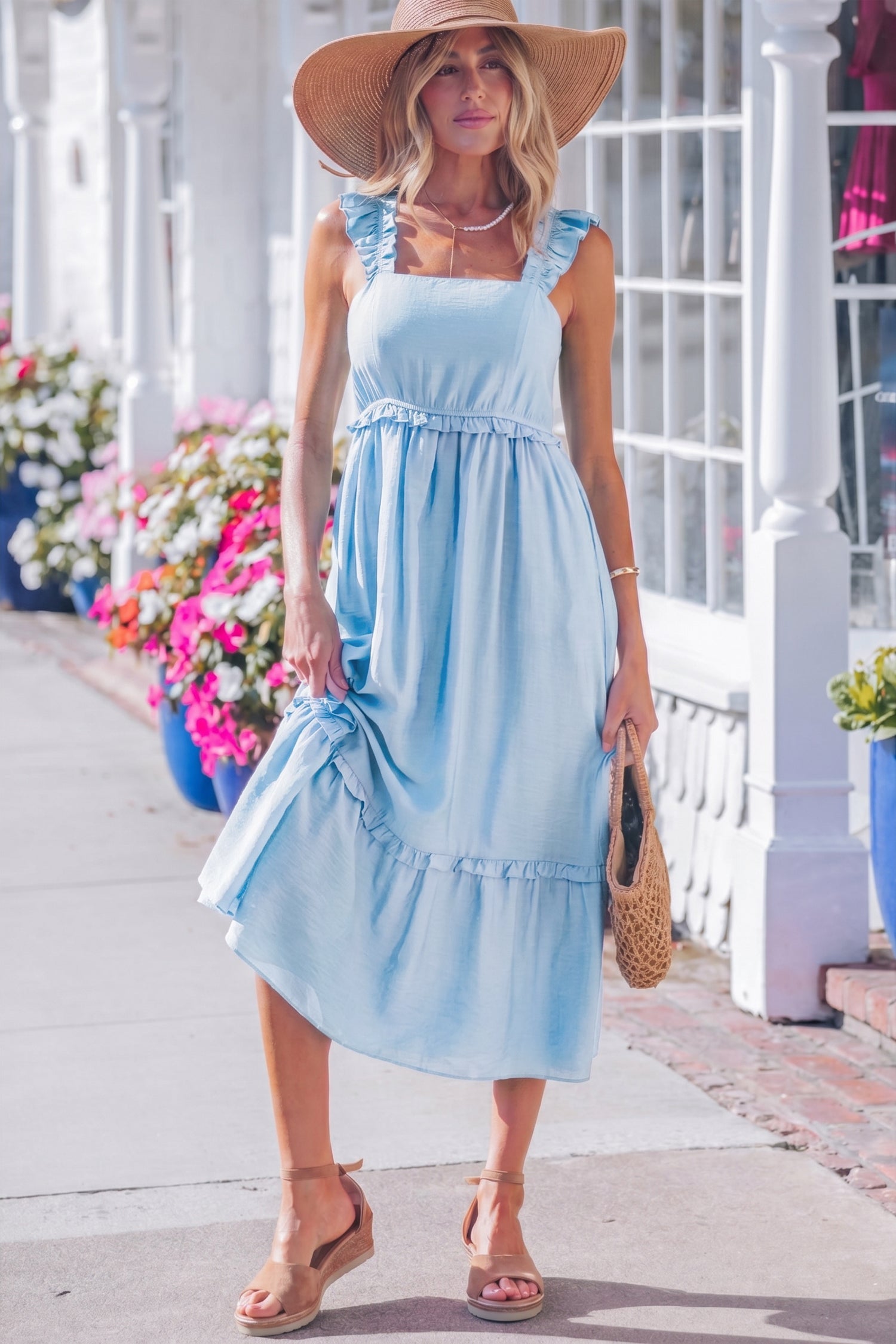 Beau Blue sleeveless tiered maxi dress with smocked bodice and tiered hem
