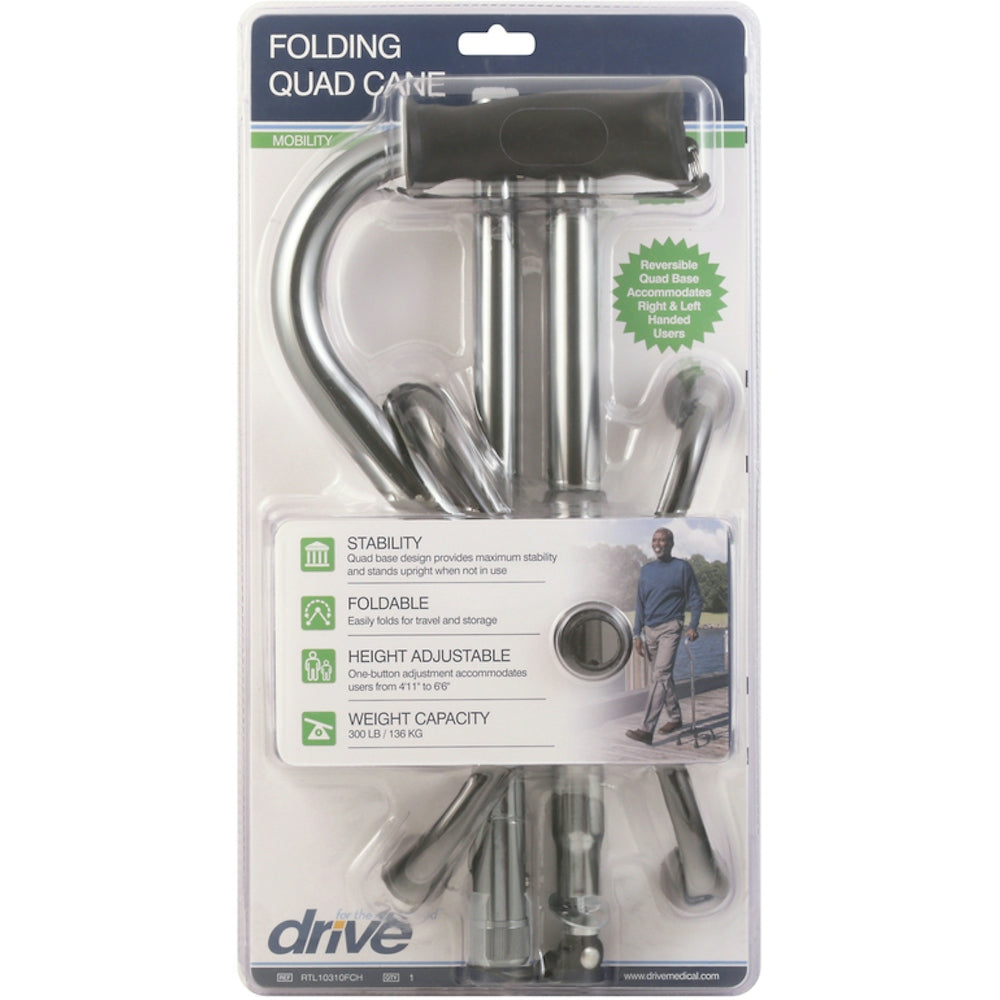 Folding quad cane with black handle pad and four rubber feet, silver adjustable legs