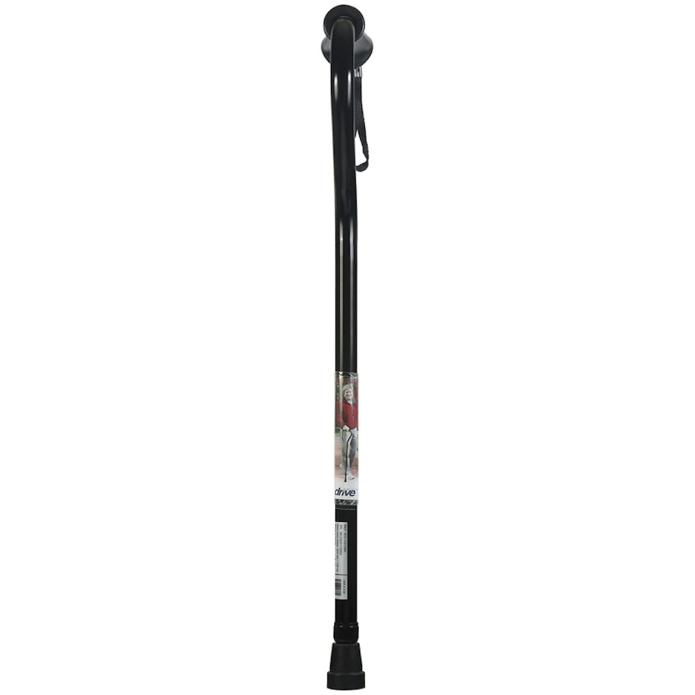 Black cane with offset handle and wrist strap, adjustable height mechanism near the shaft