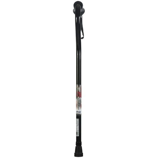 Black cane with offset handle and wrist strap, adjustable height mechanism near the shaft
