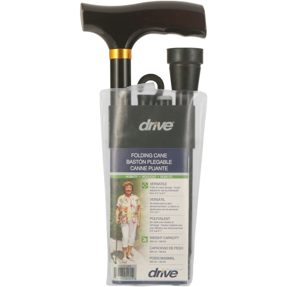 Black folding cane with T-handle, adjustable steel shaft