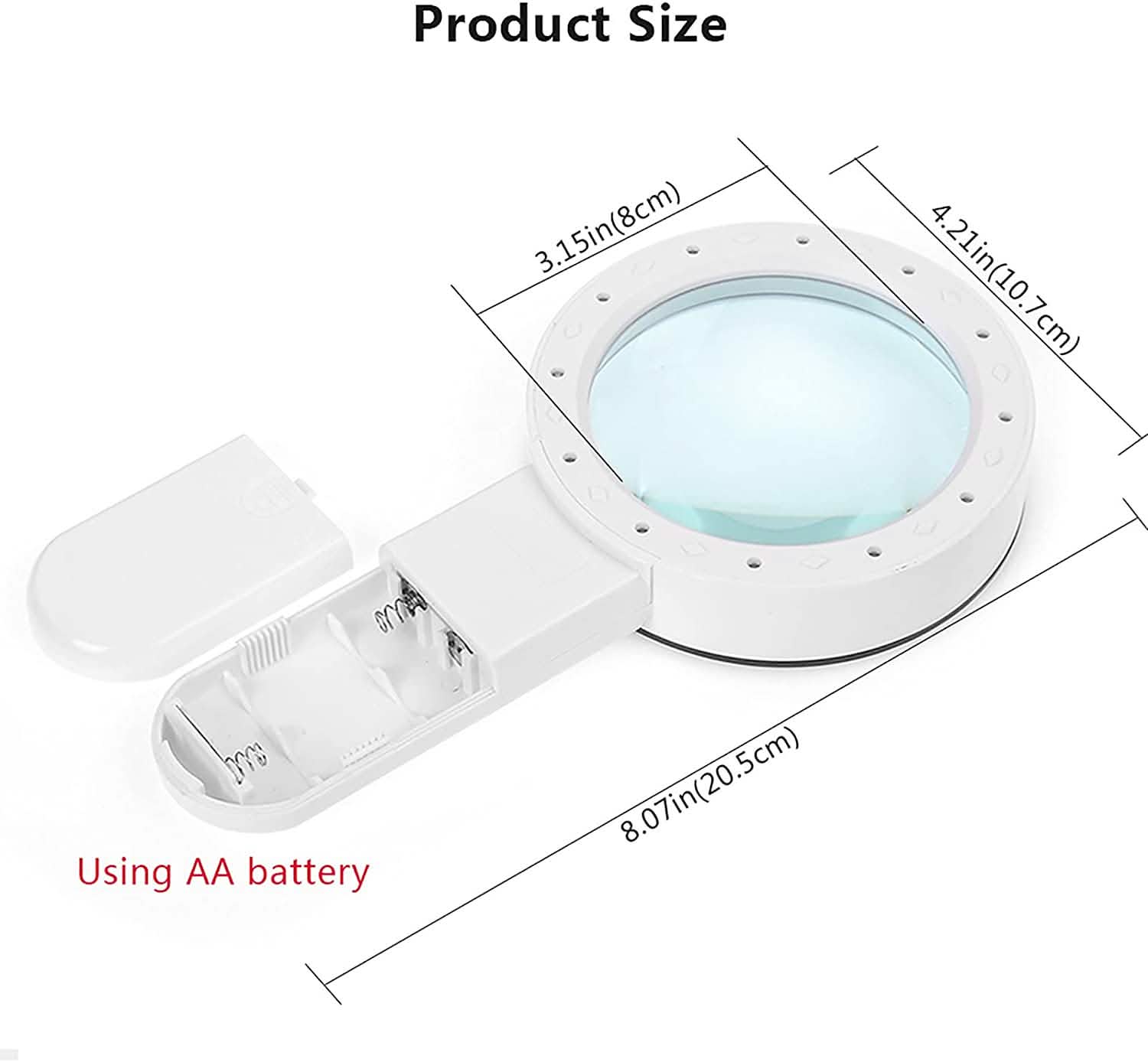 Handheld magnifying glass with 12 LEDs, white, with size diagram and lens view