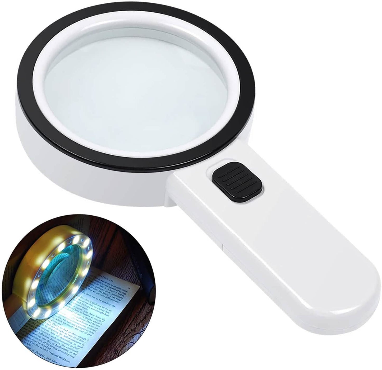 Handheld magnifying glass with 12 LEDs, white handle and black-rim lens