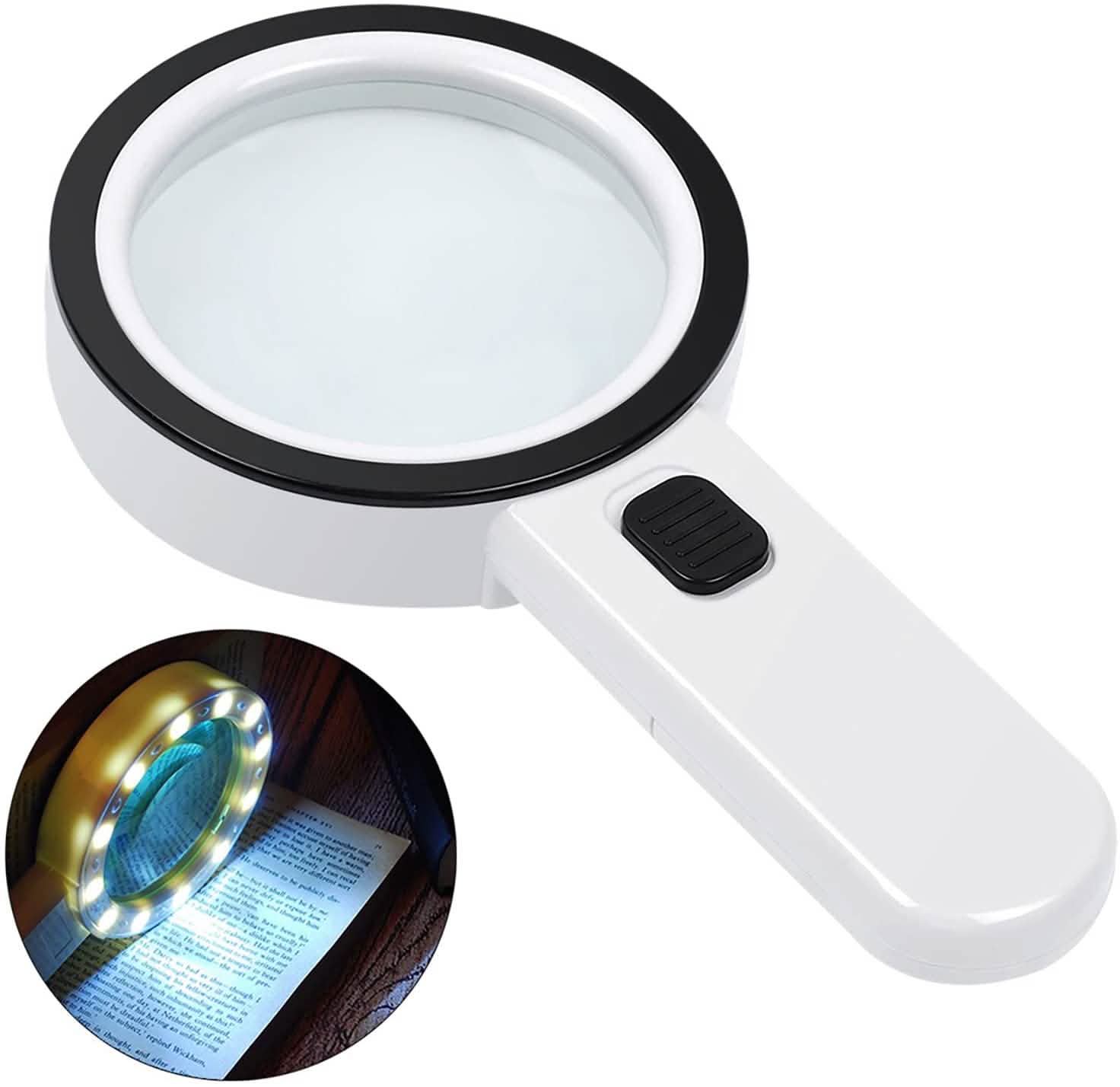 Handheld magnifying glass with 12 LEDs, white handle and black-rim lens