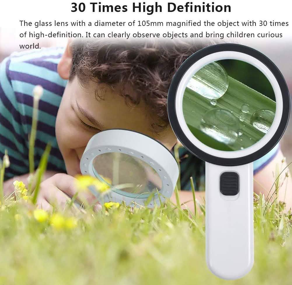 Handheld magnifying glass with 12 LEDs, white handle and large lens magnifying letters
