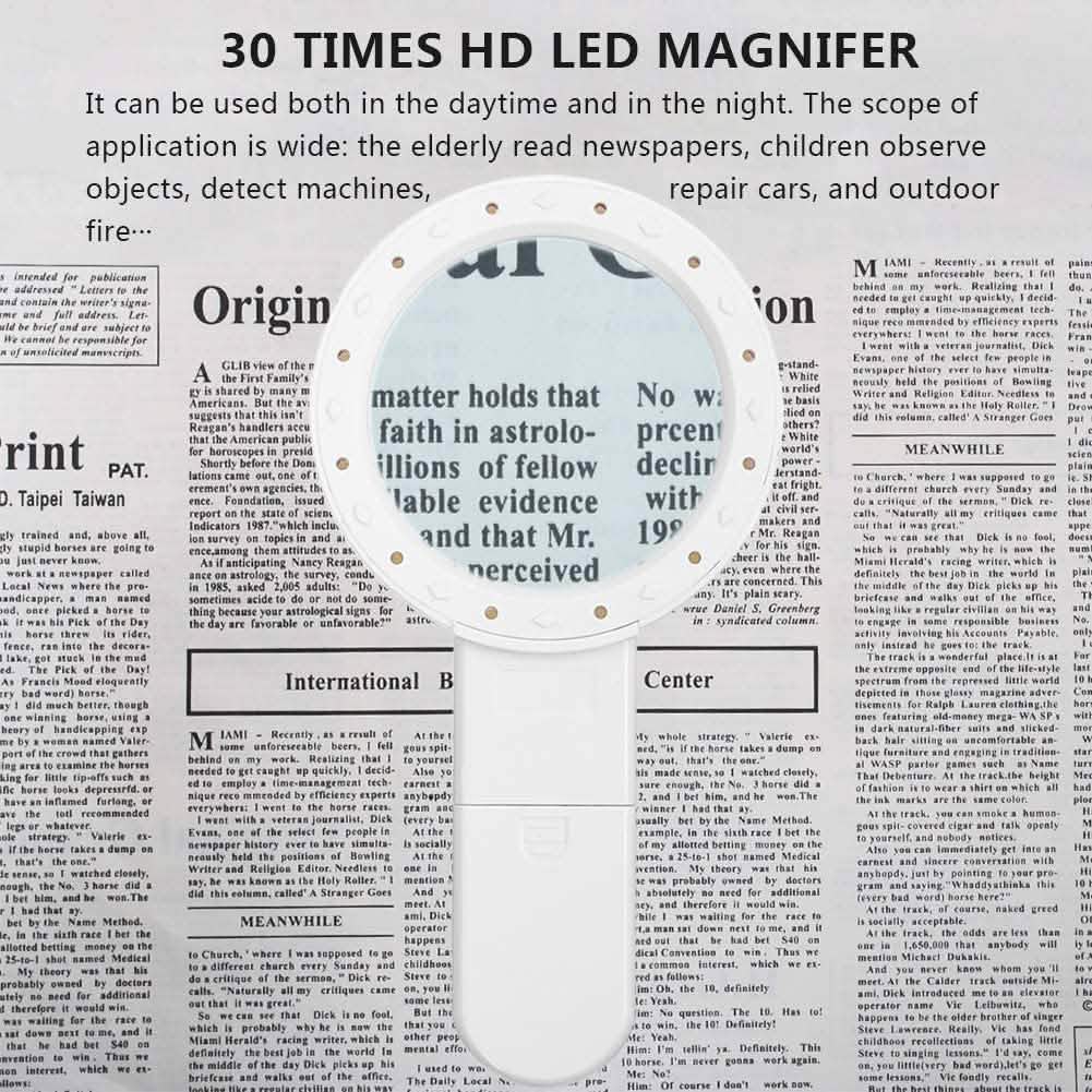 Handheld magnifying glass with 12 LEDs, white lens ring over printed page