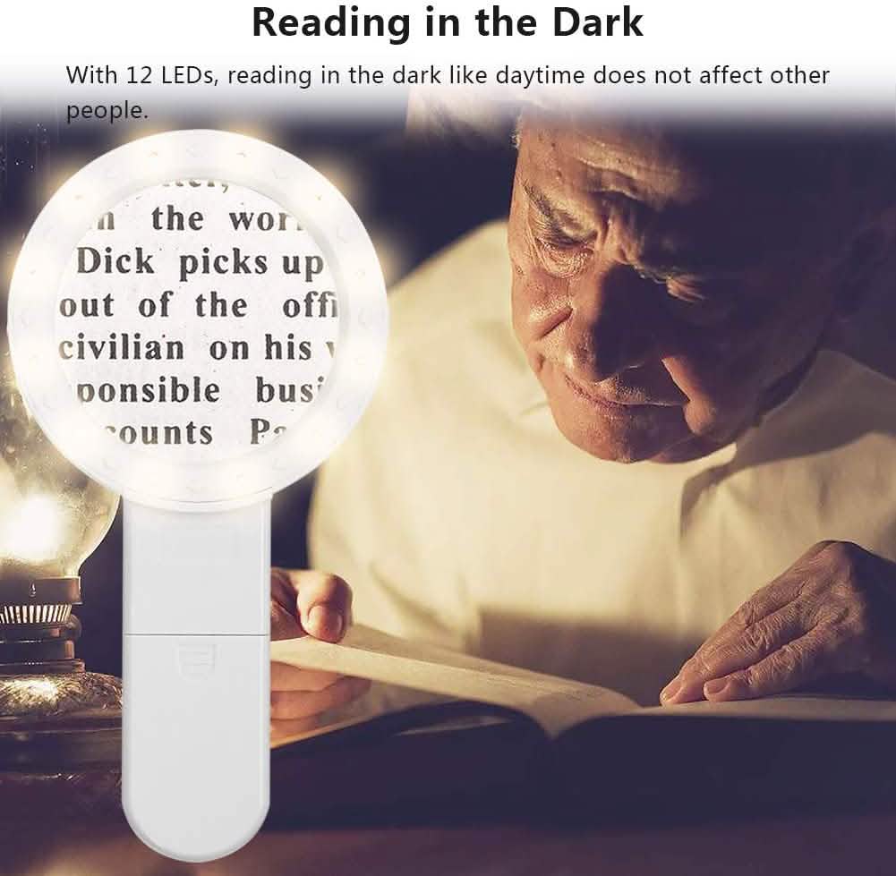 Handheld magnifying glass with 12 LEDs, white body, glowing lens over book page
