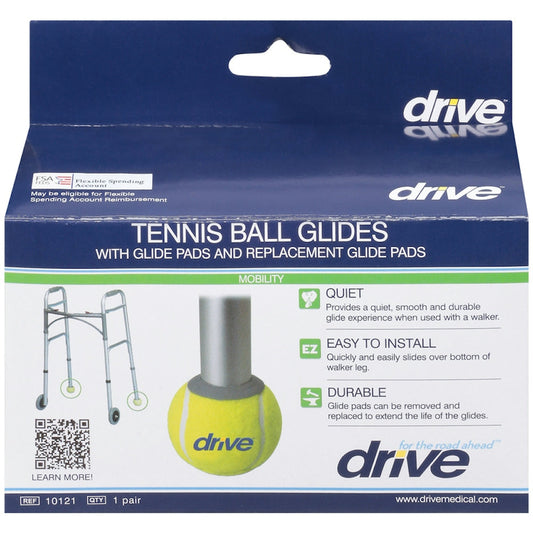 Walker tennis ball glides with glide pads and replacement glide pads, shown in package