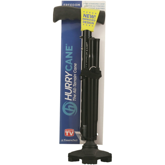 Black folding drive medical cane with T-handle, standing base shown