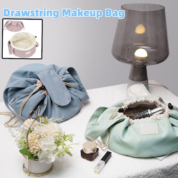 Drawstring makeup bag set: sky blue and mint green, barrel shape with bow closure