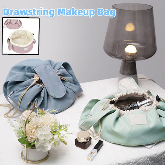 Drawstring makeup bag set: sky blue and mint green, barrel shape with bow closure