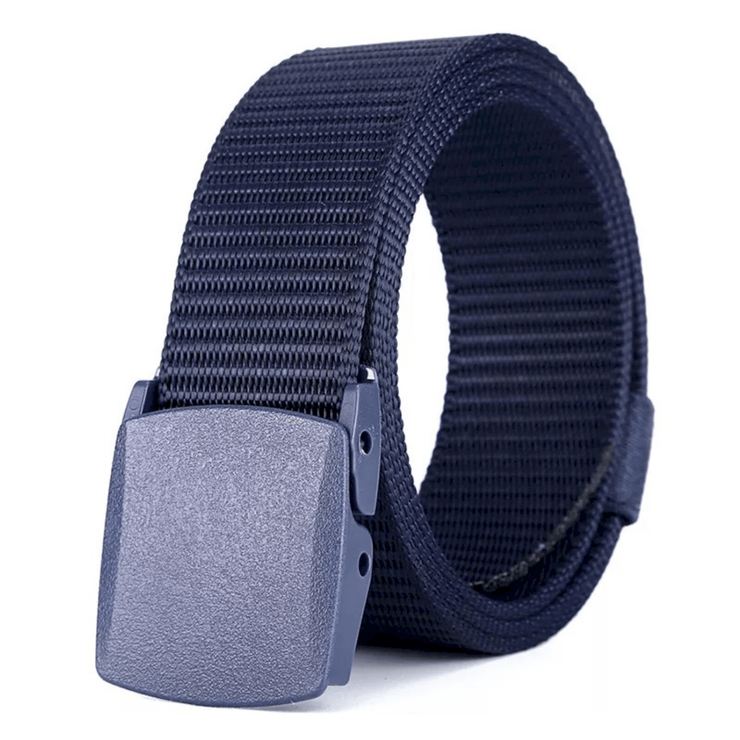 Adjustable nylon belt with plastic buckle, dark navy webbing and grey plastic buckle plate.