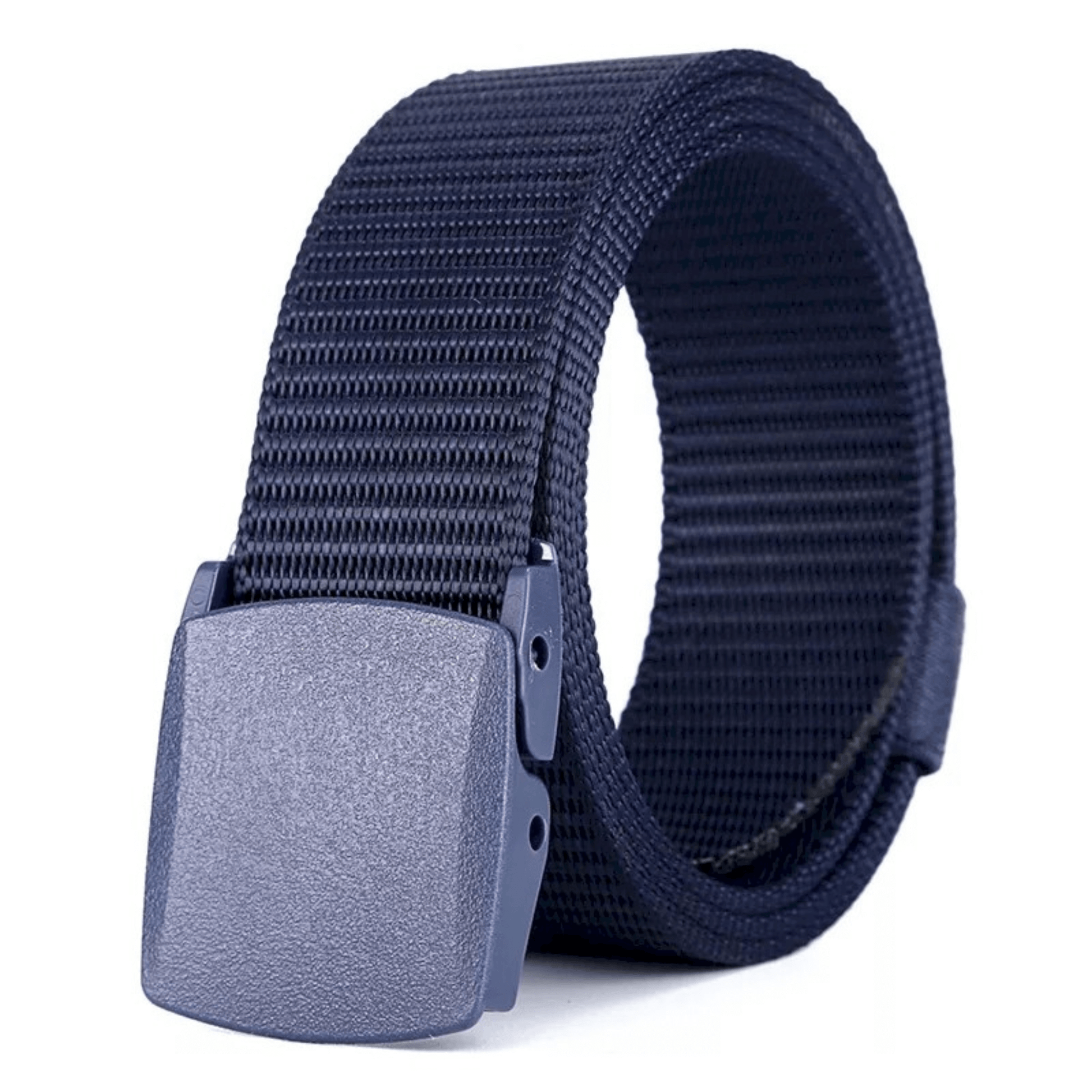 Adjustable nylon belt with plastic buckle, dark navy webbing and grey plastic buckle plate.