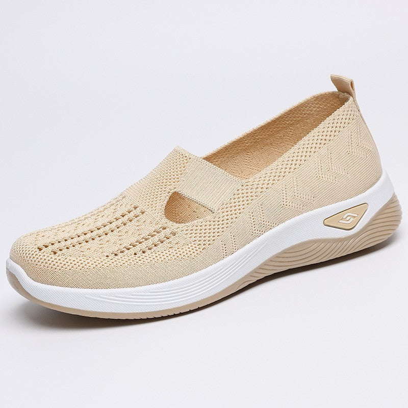 Women's mesh slip-on casual shoes, beige knit upper with white sole