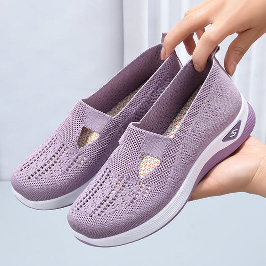 Women’s breathable mesh slip-on shoes, light purple with white sole and side logo patch