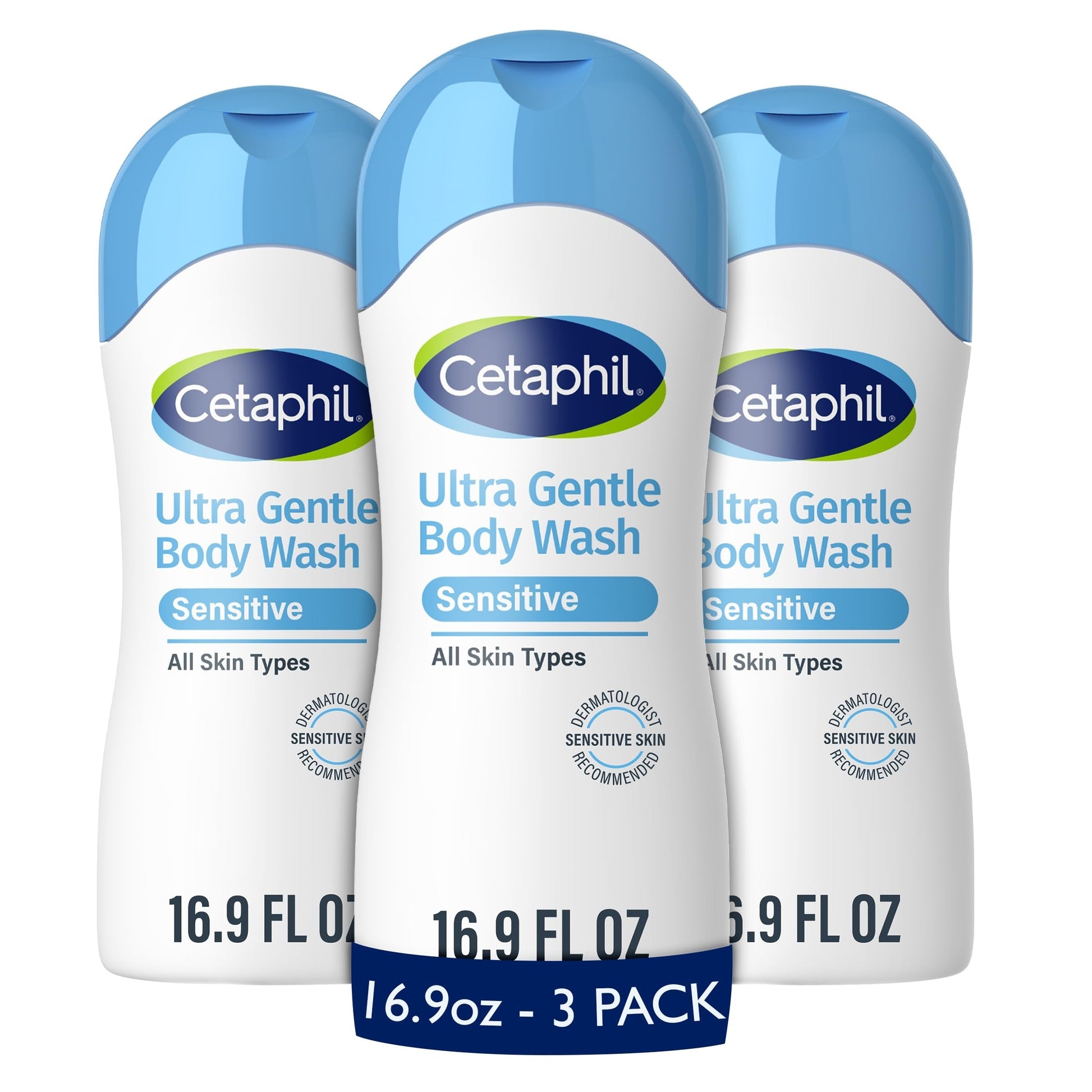 Cetaphil Ultra Gentle body wash bottles, 3-pack, 16.9 fl oz, fragrance-free