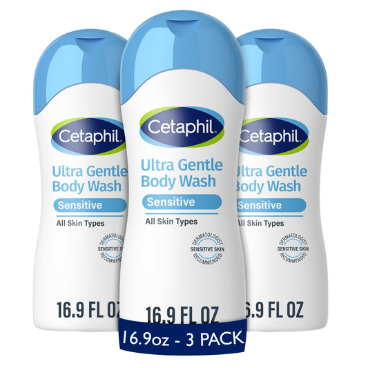 Cetaphil Ultra Gentle body wash bottles, 3-pack, 16.9 fl oz, fragrance-free