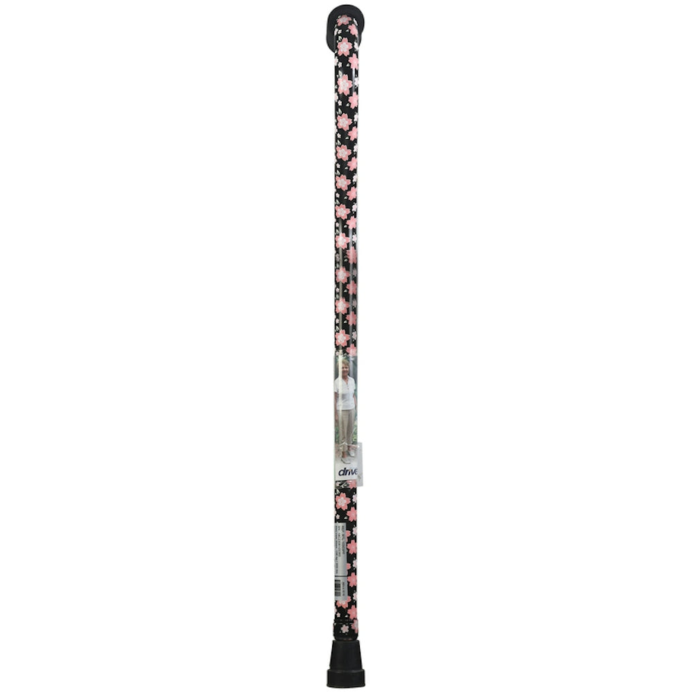 Pink floral foam-grip offset handle walking cane with black rubber tip