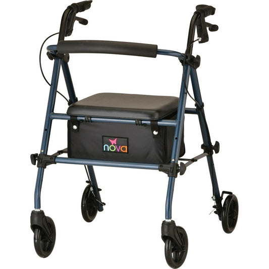Blue rolling walker with seat and front storage pouch, padded handles