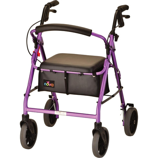 Purple foldable rolling walker/rollator with padded seat and front storage bag