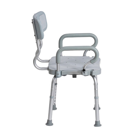 Swivel bath chair side view with curved armrests and light gray back support