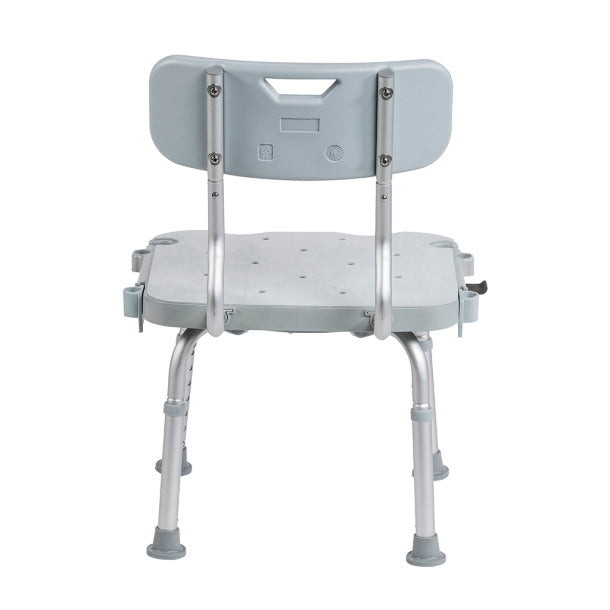 Swivel bath chair front view with padded back panel and perforated seat