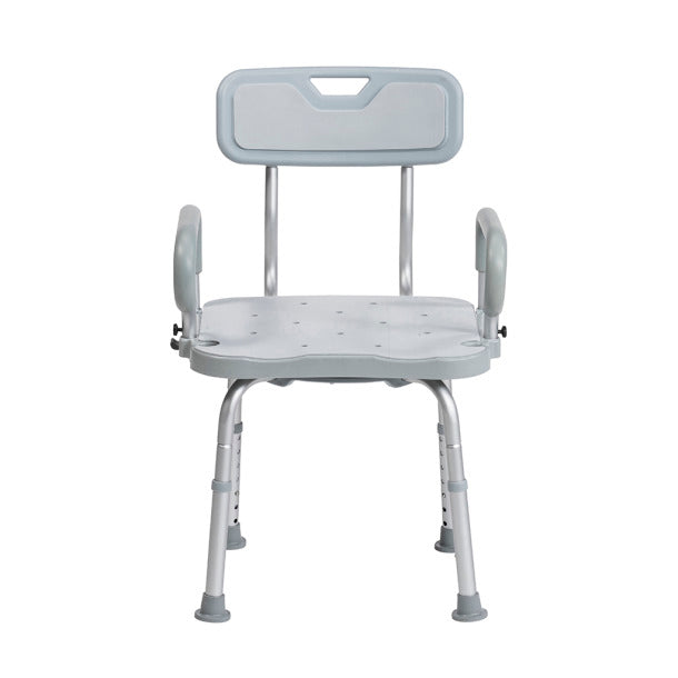 Swivel bath chair front view showing seat holes, armrests, and four adjustable legs