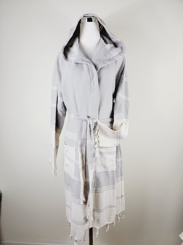 Gray robe with hood, tie belt, and side pockets; striped panels and fringe hem