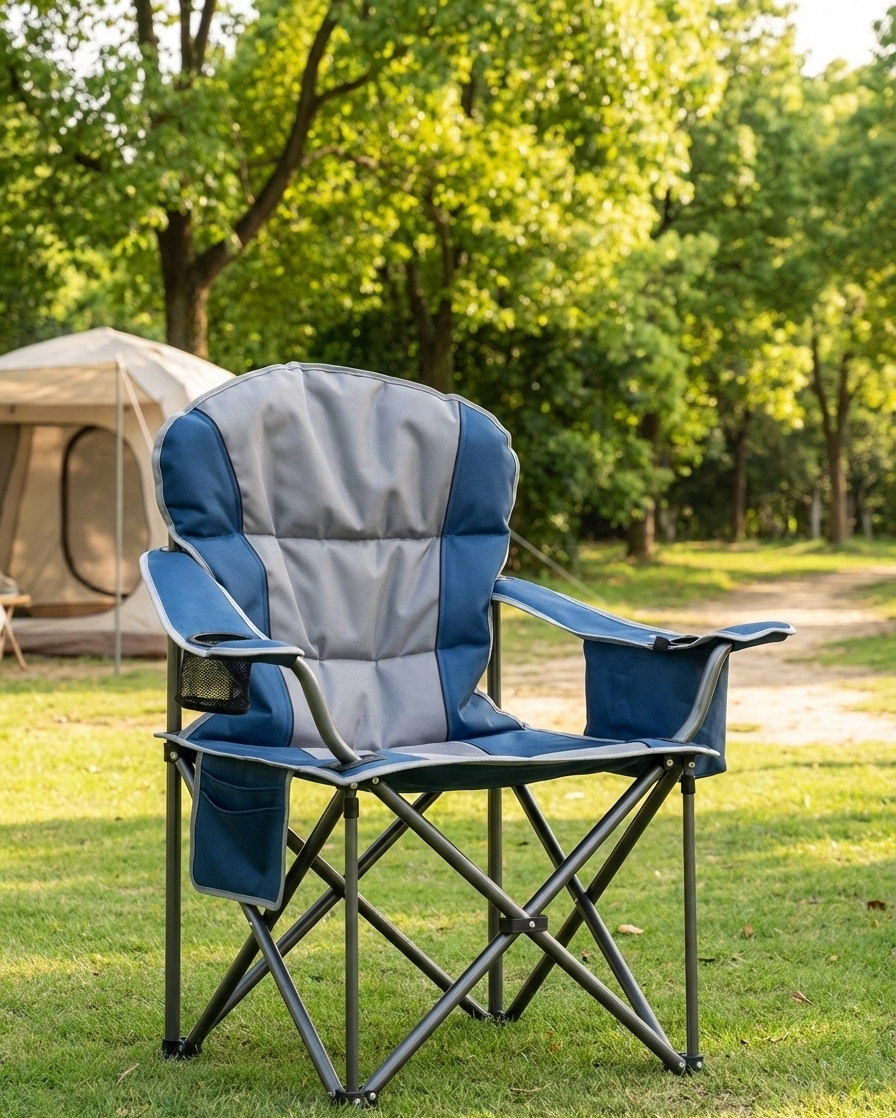 Lake blue folding camping chair with gray cushion, arm cup mesh, and side storage pockets.