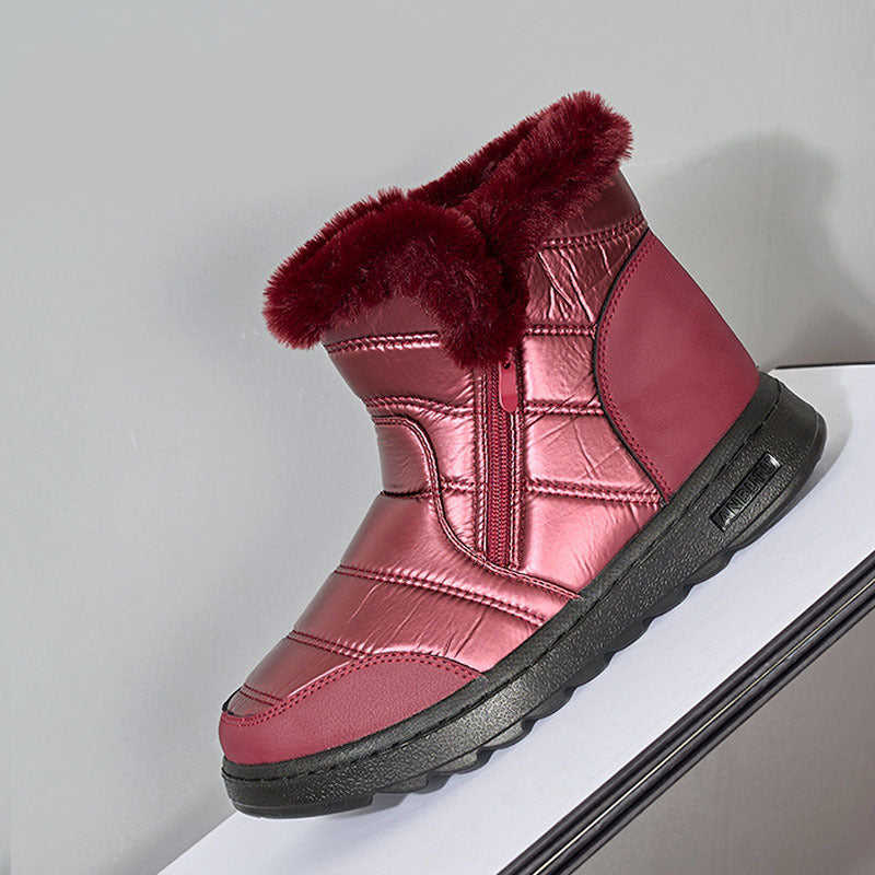 Winter snow boots, burgundy faux-leather with plush cuff and side zipper, thick tread sole