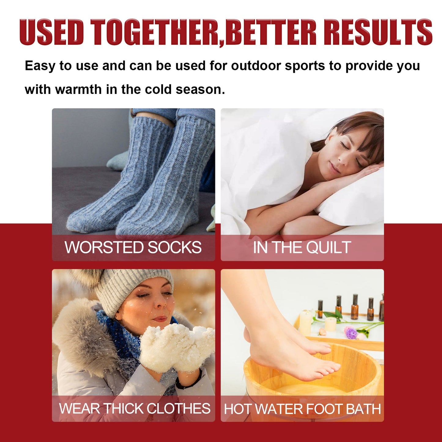 Toe warmer infographic with worn socks, hot water foot bath, and usage tips