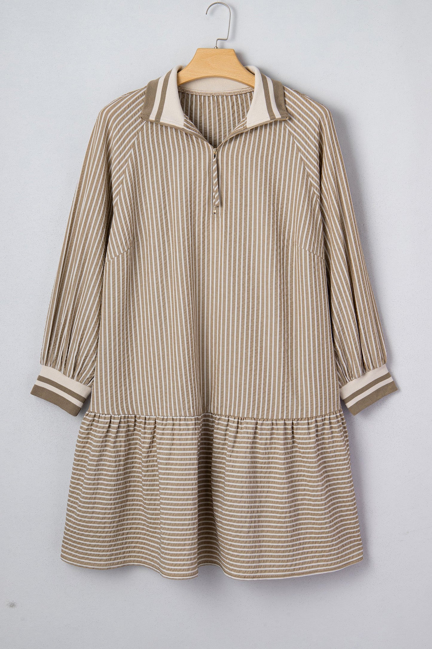 Khaki stripe mini dress on hanger, long sleeves, collared front, tiered ruffle hem
