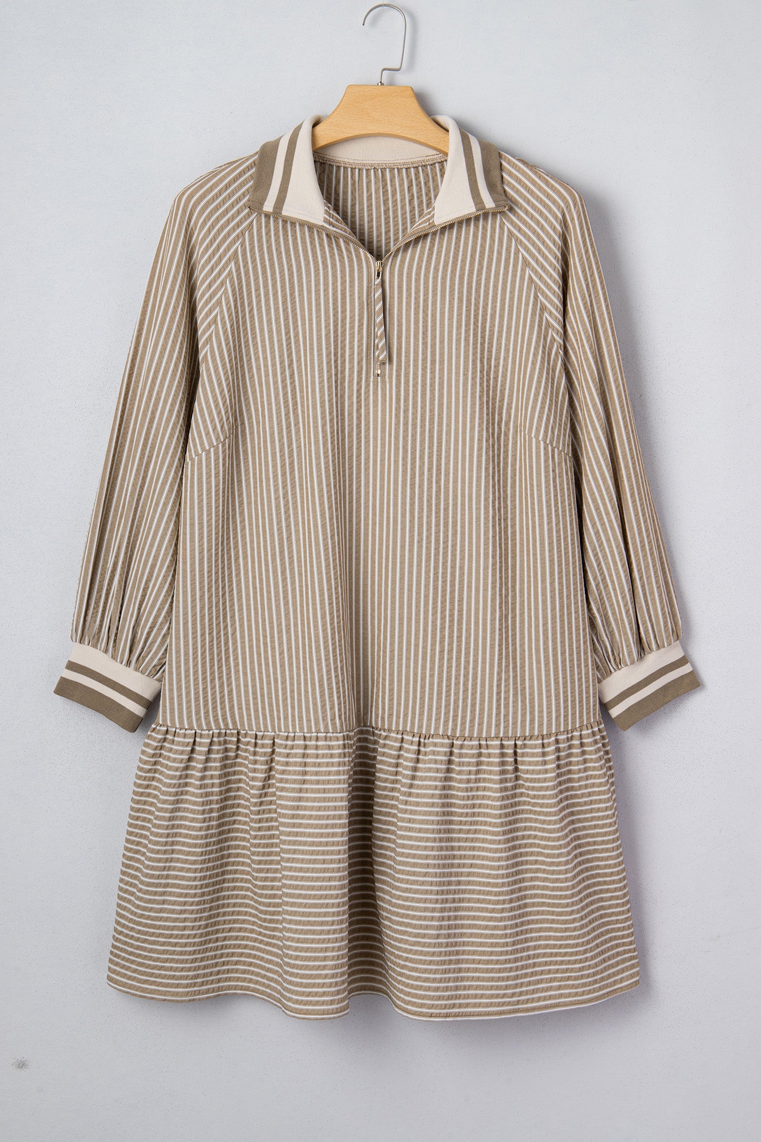Khaki stripe mini dress on hanger, long sleeves, collared front, tiered ruffle hem