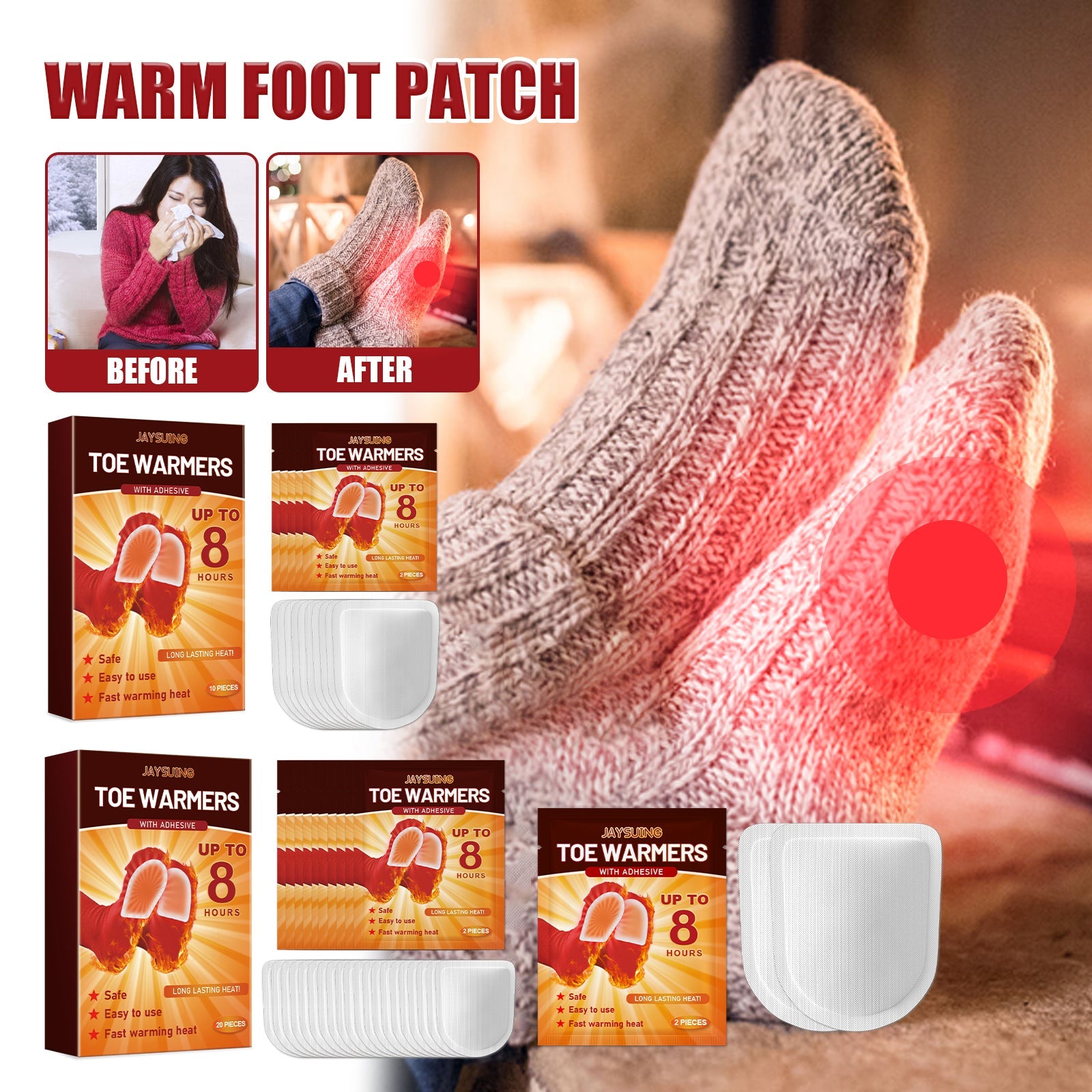 Toe warmer adhesive patches applied to socks with heat indicator circles